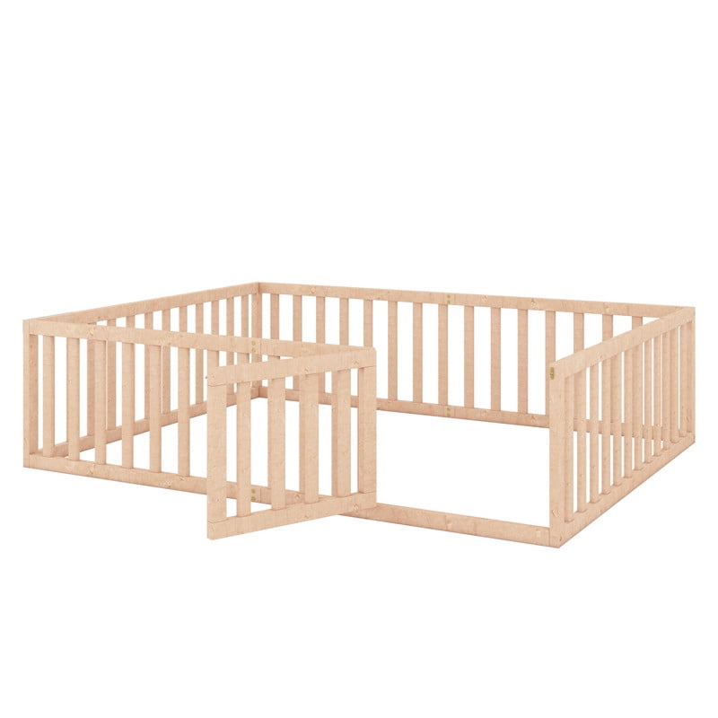 Queen Size Floor Bed Montessori Bed with Fence Guardrails and Door, Wooden Toddler Bed Playhouse Bed Platforn Bed for Boys Girls, No Slats