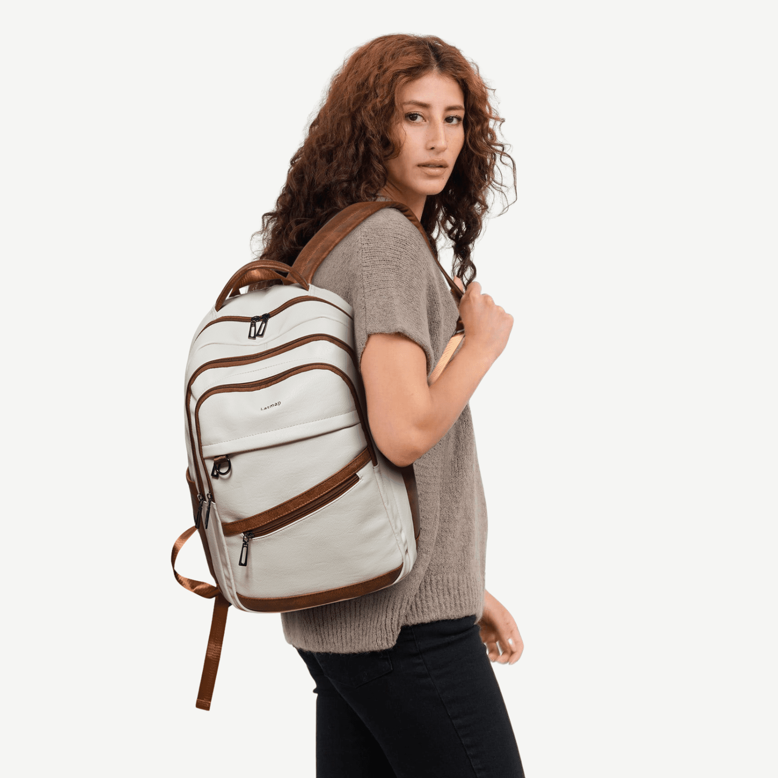 43L Vegan Leather Backpack for Women & Men, Travel Carry On Backpack, College Bookbag, Work Laptop Backpack fits 17 inch Laptop，Beige