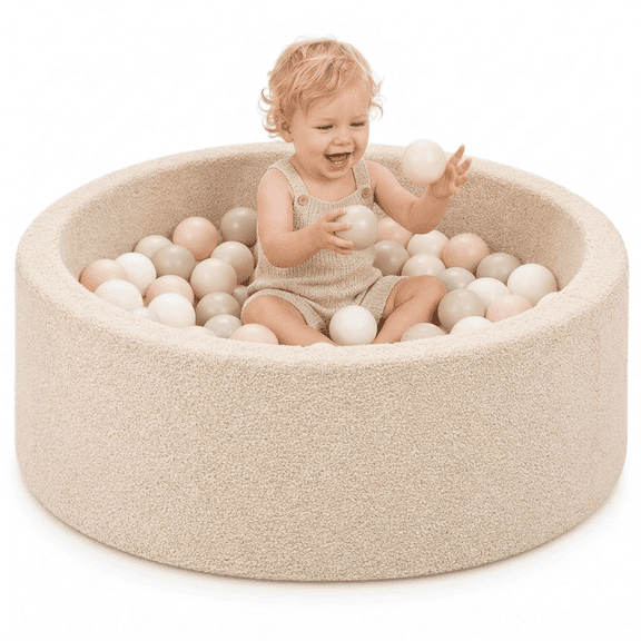 SweHouse Foam Ball Pit for Toddlers & Kids, Soft Teddy, Girls & Boys Gift, Indoor/Outdoor, Beige.