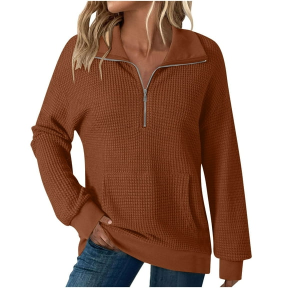 Dealovy Quarter Zip Sweatshirts for Women Loose Lapel Long Sleeve Solid Color Pullover Hoodless Top with Pocket