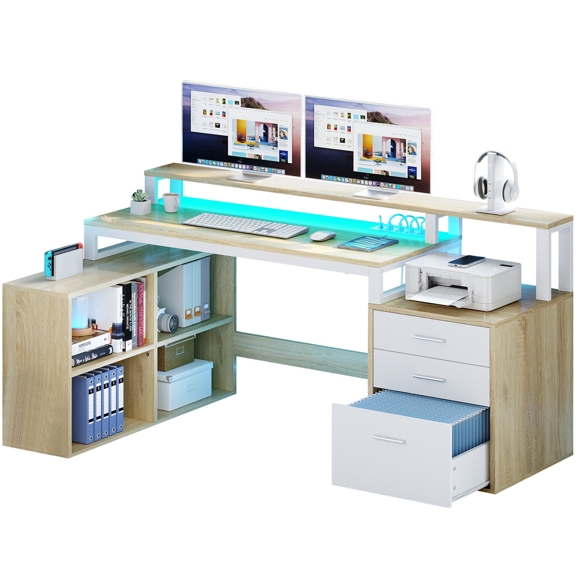 Dextrus L Shaped Desk with LED Light & Power Outlets, Corner Computer Desk with Drawers & Open Storage Shelves, Oak