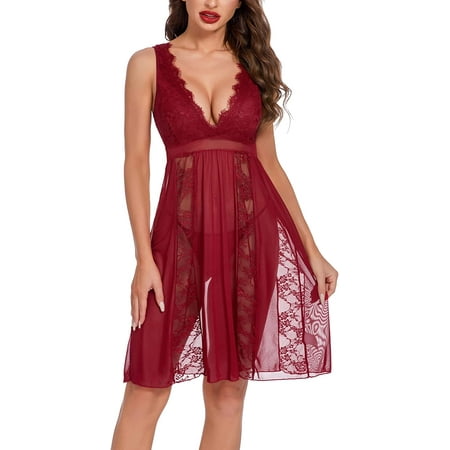

Avidlove Sexy Lingerie for Women Sheer Lace Nightgowns Bridal Lace Babydoll Dark Red XXXL