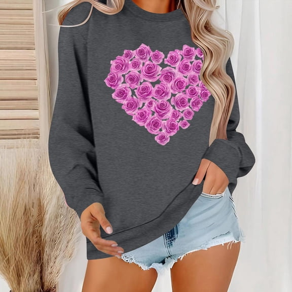 Viikei Fall Tops for Women,Women's Round Neck Lover's Love Top Hoodie Long Sleeved Round Neck Top Gray S