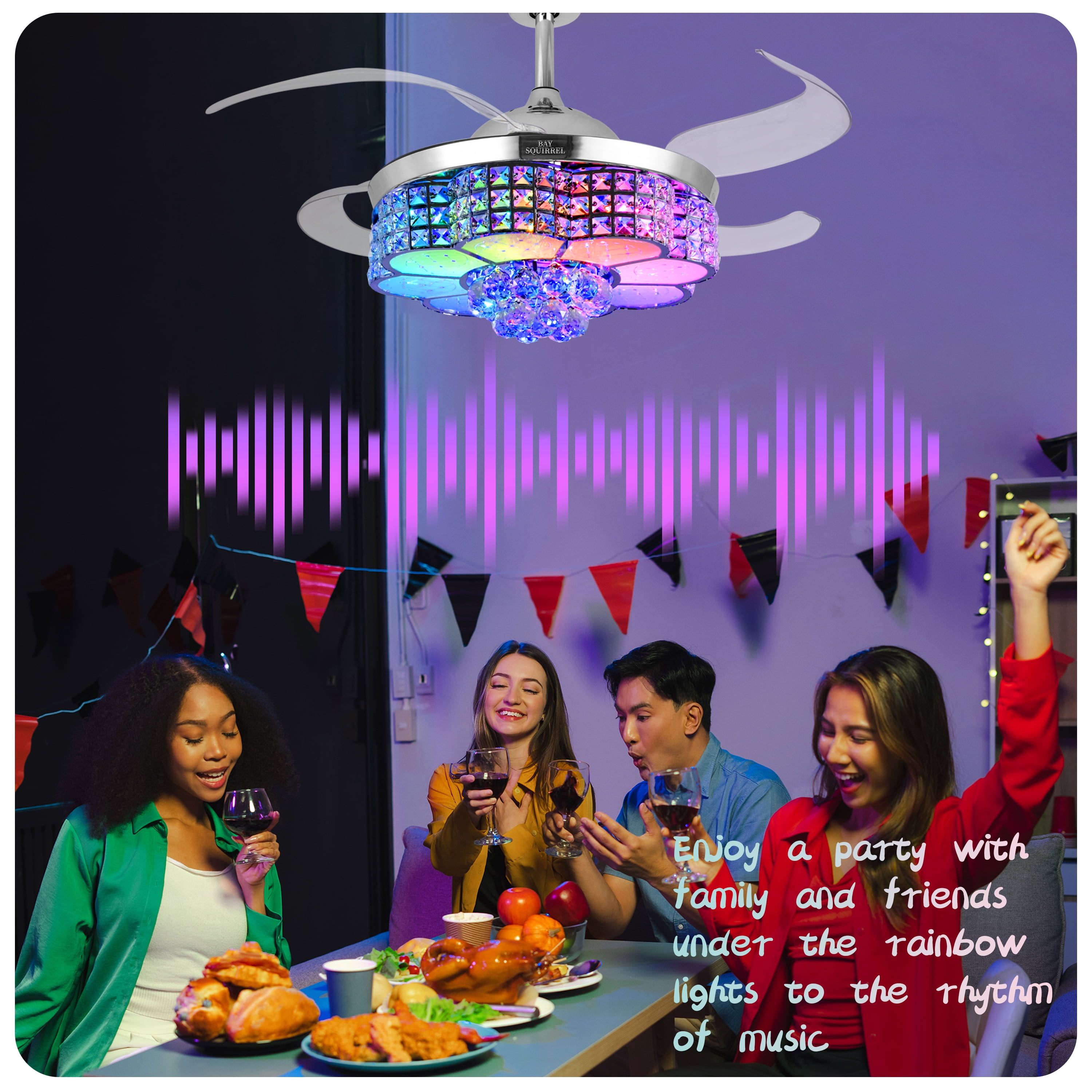 BAYSQUIRREL Retractable Crystal Ceiling Fan with RGB LED Light, Bluetooth Speaker, Remote/APP Control, 6 Speeds & Reversible Blades