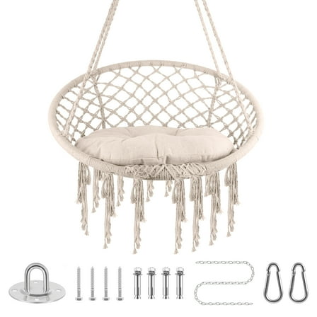 Outdoor Hammock Chair, Steel Hardware, Braided Cotton Cords, Cloud Cotton Pad, Beige Woven Hanging Chair, Porch Swing Chair, For Play, Everyday, Leisure
