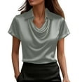 thumbnail image 2 of Qulqfy Holiday Blouses for Women Dressy Silk Green Satin Cowl Neck T-Shirt Collared Short Sleeve Shirt women's Tops L, 2 of 8