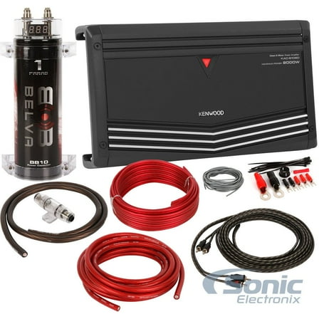 Kenwood KAC-9106D w/Belva 1.0 Farad Capacitor   Belva 2000 Watt Handling Amp Kit 1000W RMS Class D Monoblock Car Amplifier w/ 1.0 Farad Capacitor & 4 AWG Amp Kit