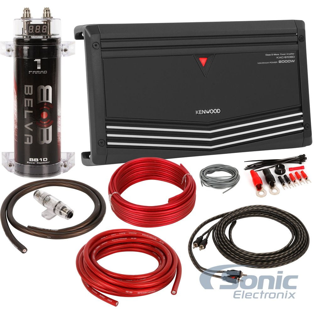 Kenwood KAC-9106D w/Belva 1.0 Farad Capacitor + Belva 2000 Watt Handling Amp Kit 1000W RMS Class D Monoblock Car Amplifier w/ 1.0 Farad Capacitor & 4 AWG Amp Kit