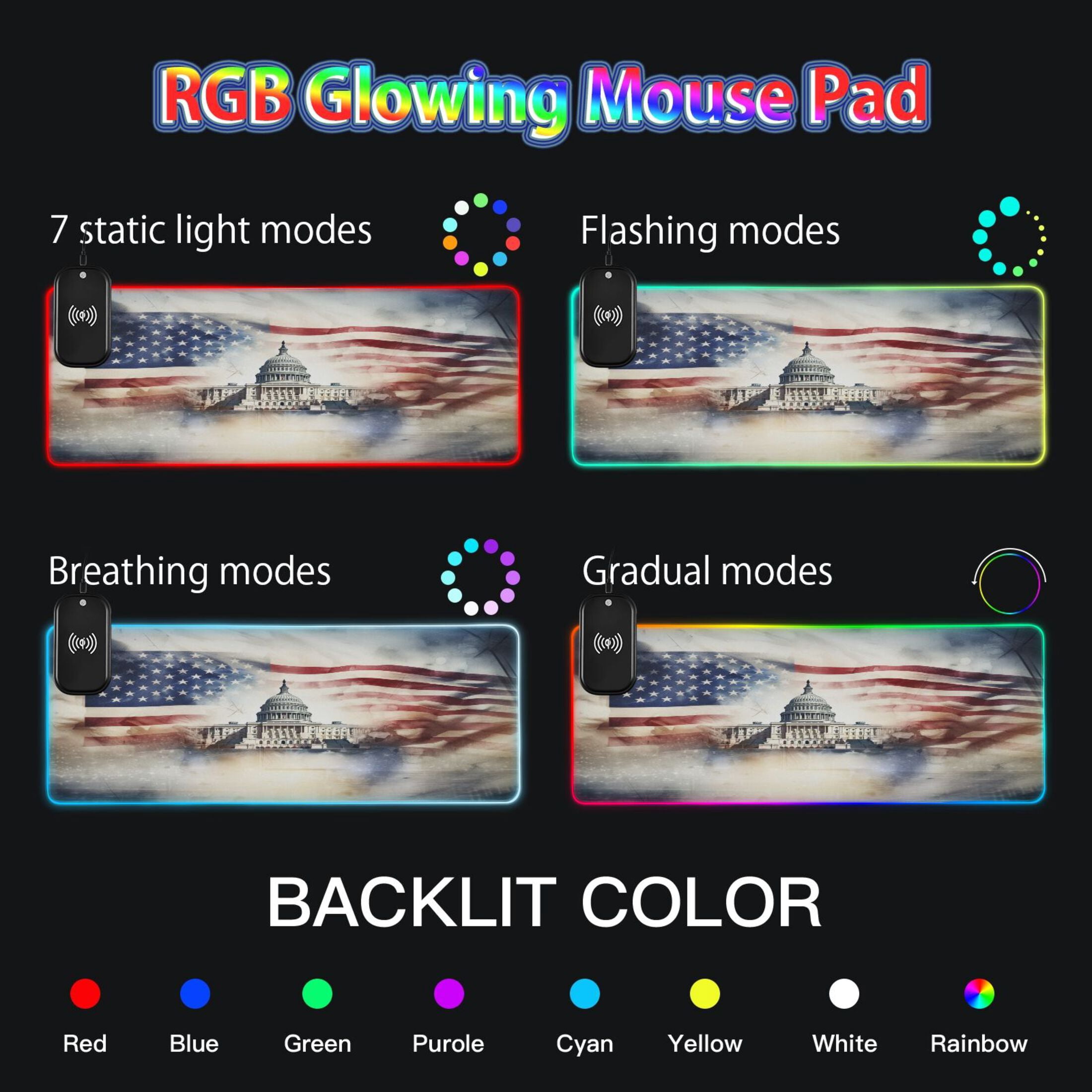 Wireless Charging Mouse Pad Large RGB Gaming Desk Mat 13 Light Modes Mousepad 35.4x15.7 White House and American Flag