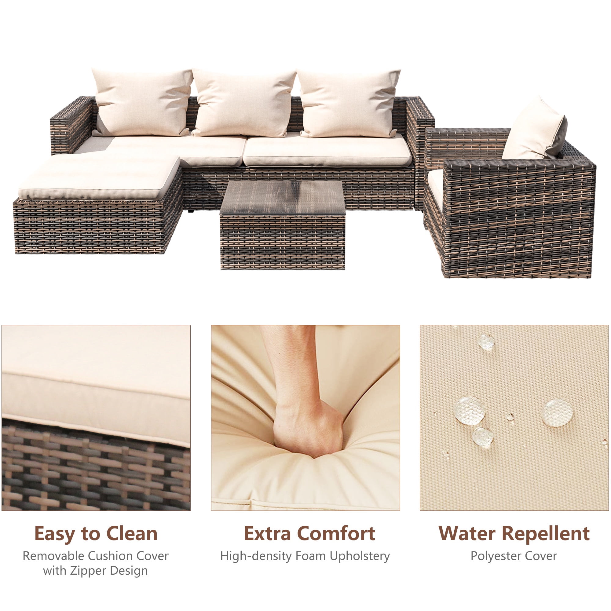 Rattan Patio Sofa Set, 4 Pieces Outdoor Sectional Furniture Set, All-Weather PE Rattan Wicker Patio Conversation Set, Cushioned Sofa Set with Glass Table for Patio Garden Poolside Deck