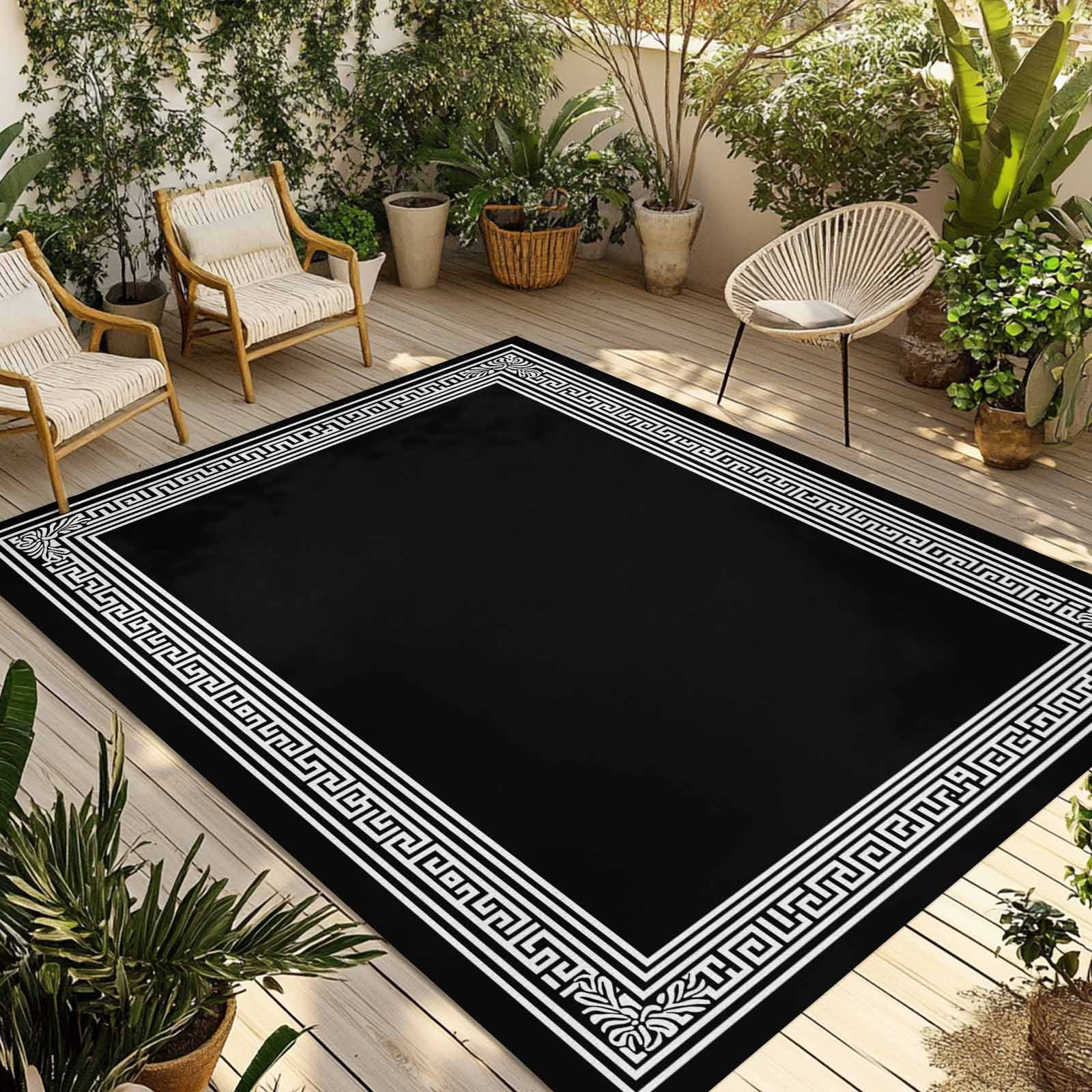 Outdoor Rug 6x9 ft Black White Greek Key Pattern Waterproof Outdoor Patio Rug Mat Non Slip Outside Area Rugs Carpet for RV,Camping,Porch,Deck,Pool,Balconybackyard,Geometric Modern