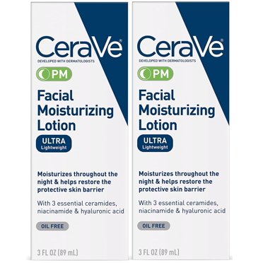 CeraVe Facial Moisturizing Lotion PM | 3 Ounce (Pack of 2) | Ultra Lightweight, Night Face Moisturizer | Fragrance Free