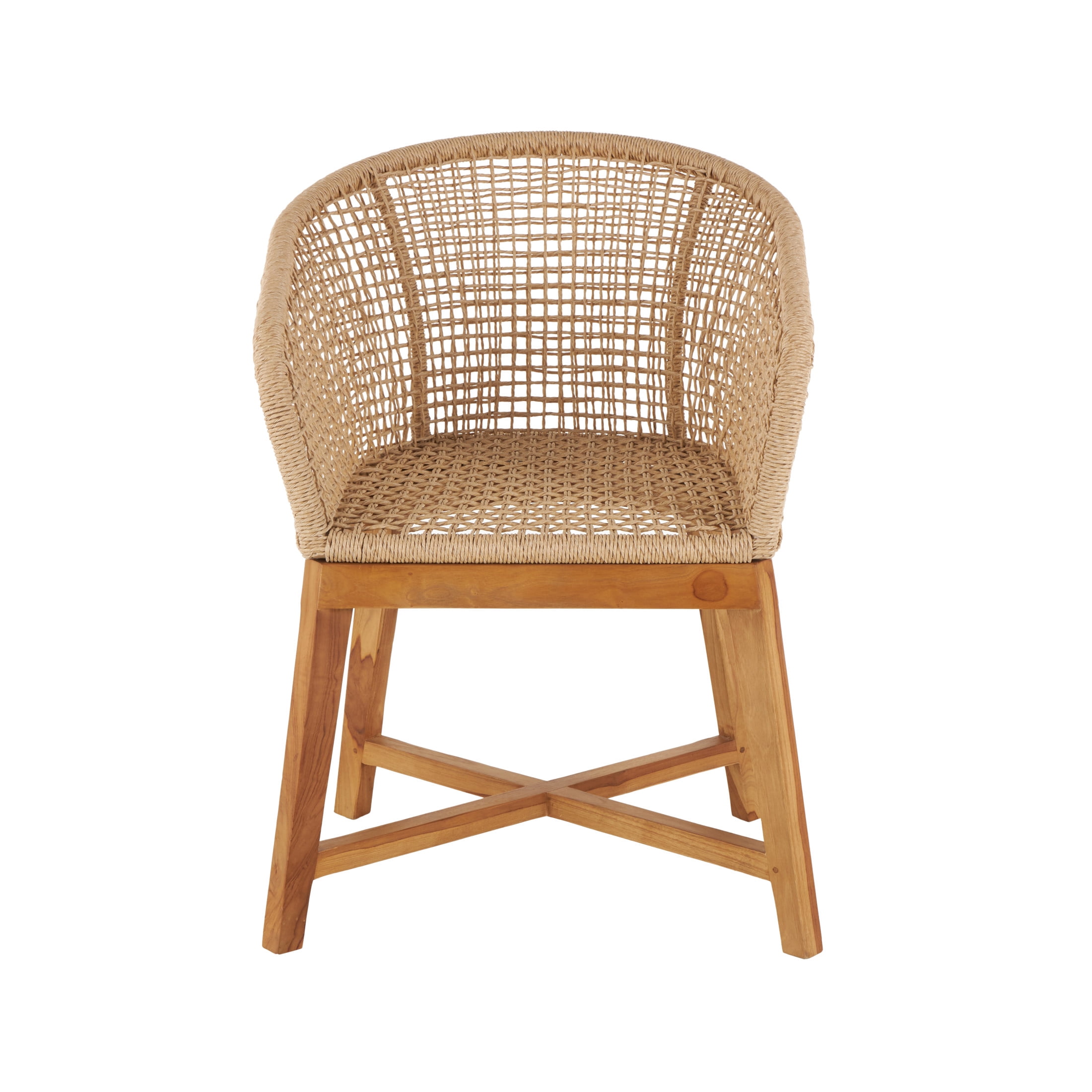 DecMode Plastic Rattan Handmade Woven Rounded Lounge Chair with Teak Frame, Light Brown