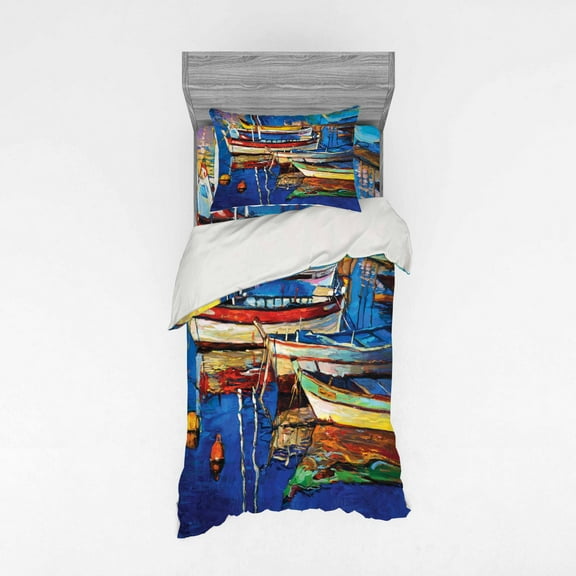 Country Duvet Cover Set, Folk Art Style Paint of Boats on Shore at Golden Yellow Sunset Cruising by the Sea, Bedding Set with Shams and Fitted Sheet, 3 Sizes, by Ambesonne
