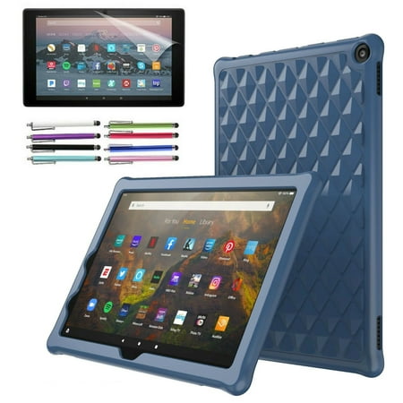 For Amazon Fire HD 10 / Fire HD 10 Plus Case (2021)  EpicGadget Anti slip Soft Silicon Rubber Gel cover Case For 11th Generation Fire HD 10 + 1 Fire HD 10 Screen Protector and 1 Stylus (Denim Blue) Kids Friendly Lightweight Diamond Grid Silicone Case Cover with Free Fire HD 10 Screen Protector and Stylus Pen for All-New Fire HD 10 Tablet and Fire HD 10 Plus Tablet (Latest Model  2021 Release  11th Generation)