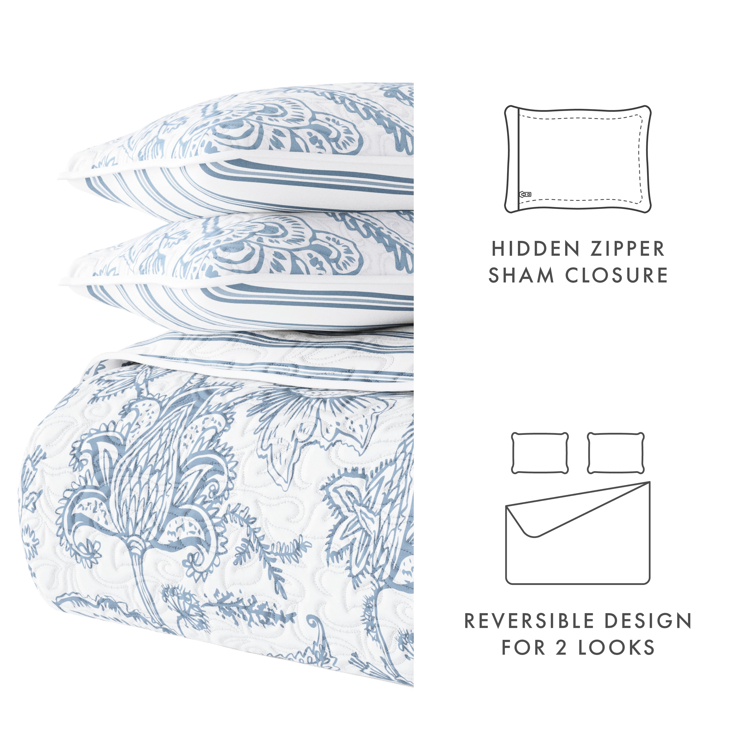 Noble Linens Dusk Blue 3 Piece Jacobean/Stripe Reversible Microfiber Quilt Set, Queen / Full