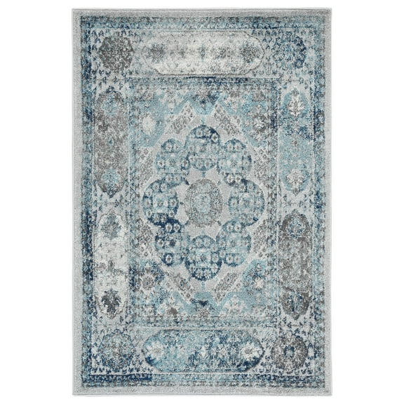 Luxee Designs Alexandria Bordered Pattern 7x7 Round Area Rug for Living Room Indoor Boho Rugs - Gray/Sea Blue