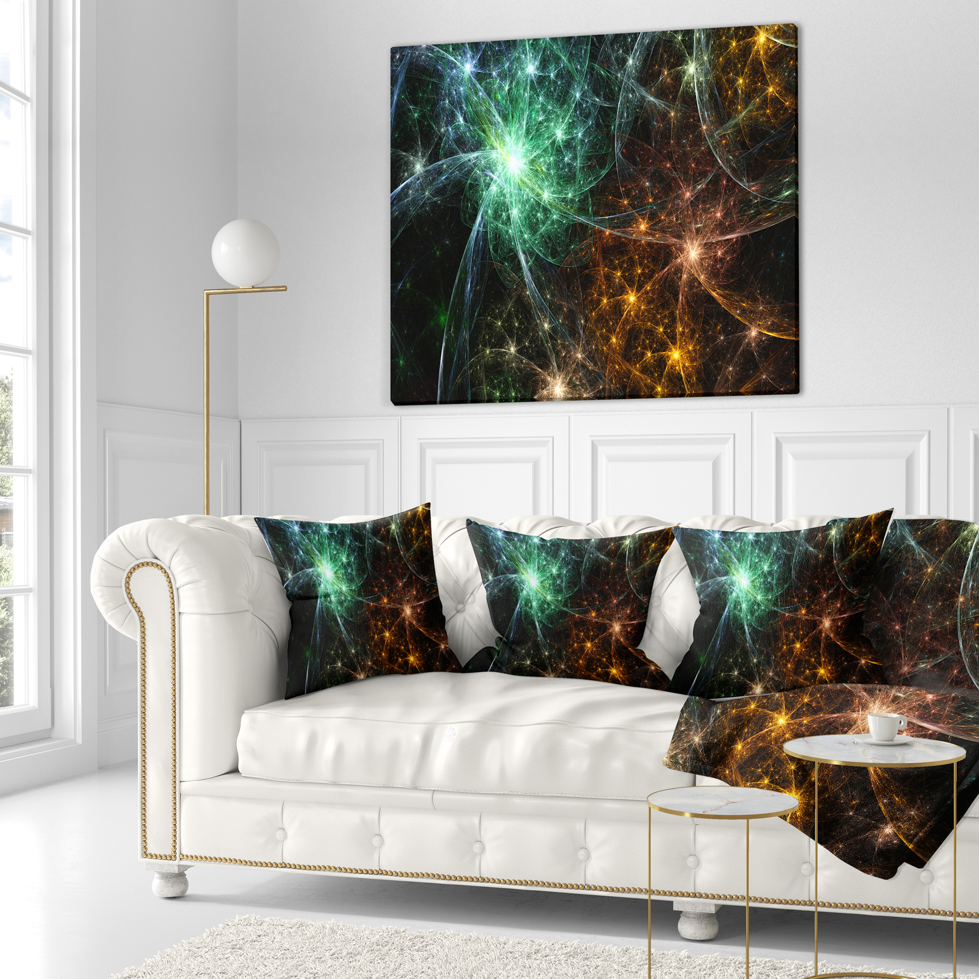 Designart Green Orange Colorful Fireworks - Abstract Throw Pillow - 16x16