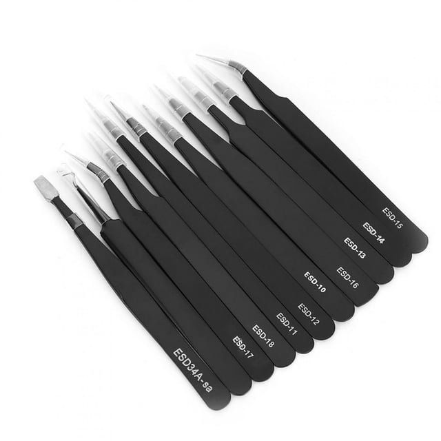 Pinzas De Acero Inoxidable, Juego De Pinzas De Precisión De Acero Inoxidable De 11 Piezas Mango Antiestático Negro Punta Recta Inclinada Para Mantenimiento Digital,