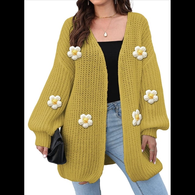 Suéteres Femeninos con Cuello en V, Larga, Estampado Floral, de Punto Abierto, Sin Botones, de Moda, para Exteriores. Mostaza Talla Única
