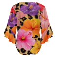 thumbnail image 6 of Hibiscus Flowers Leopard Print Fabric Women's V-Neck Blouse With 3/4 Ruffled Bell Sleeves Casual Top Ladies Blouses, 6 of 7