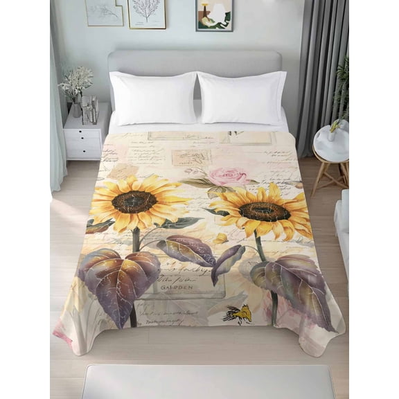 California King Size Flat Sheet Only, Sunflower Vintage Soft Brushed Microfiber Bed Sheets, Farmhouse Botanical Floral Butterfly Hotel Quality Breathable Bedding Top Sheet, Easy Care, 108"x98"