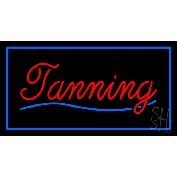 Red Tanning with Blue Border LED Neon Sign 13 x 24 - inches, Black Square Cut Acrylic Backing, with Dimmer - Bright and Premium built indoor LED Neon Sign for Defence Force.