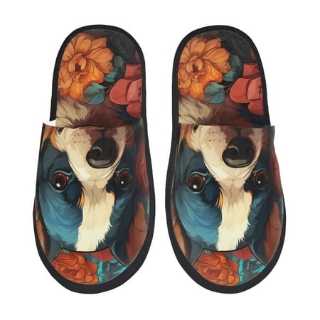 Balery Vintage Colorful Flower French Bulldog Slient Indoor Furry Fleece Comfort House Shoes Soft Non-Slip Home Shoes Cotton slippers House Slippers-- Medium