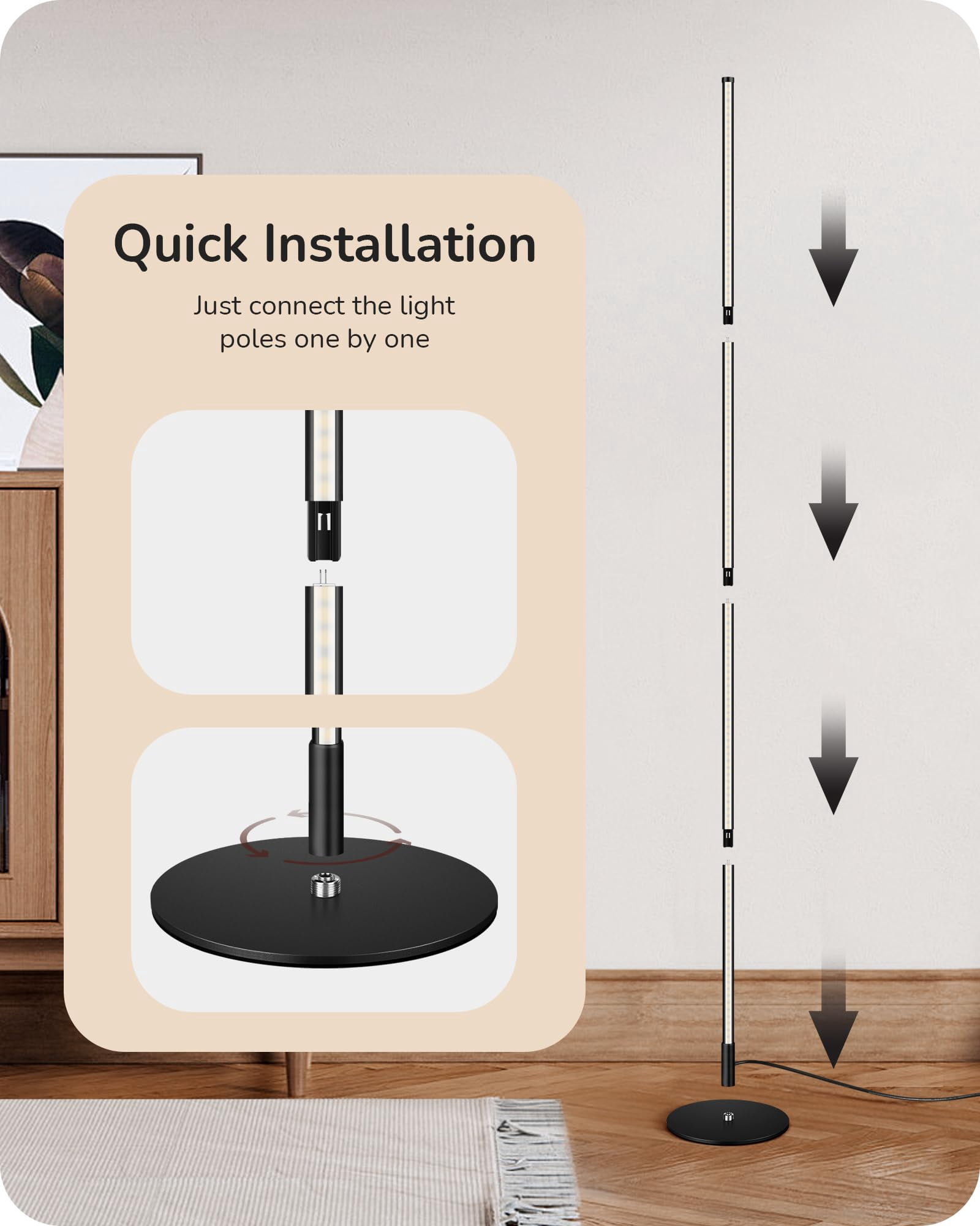 Led Corner Floor Lamp  57.5" Minimalist Dimmable Sleek Light Adjustable Height Standing Tall Lamps For Living Room Bedroom Office 3000k Warm White Black