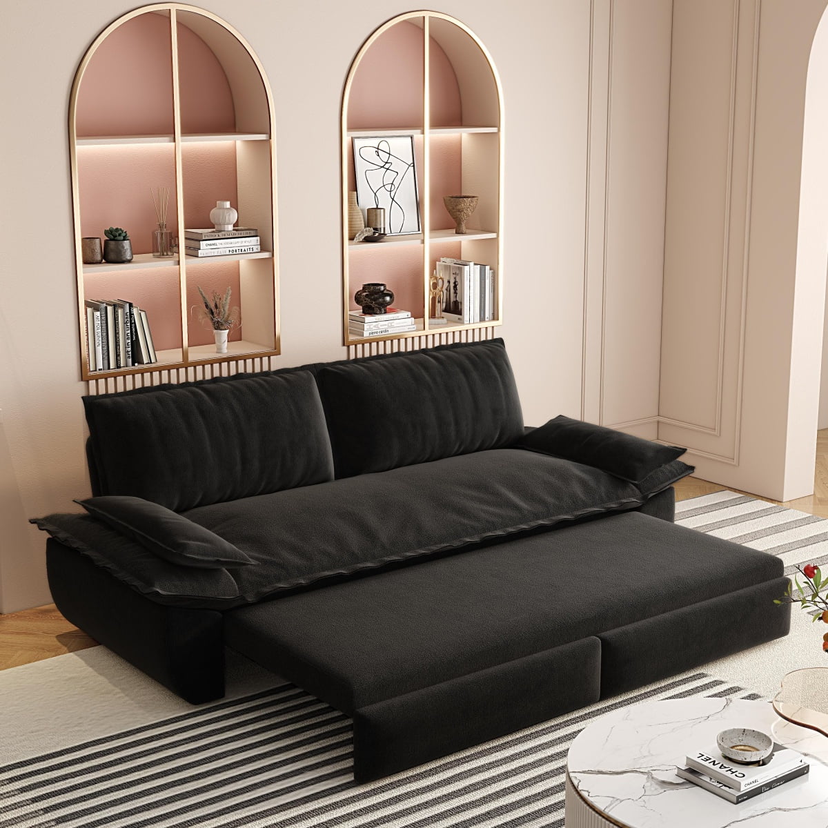 73.2" Queen Pull Out Sofa Bed, 3-in-1 Convertible Sleeper Sofa, Multi-Functional Velvet Loveseat Bed for Living Room, Bedroom, Apartment, Office