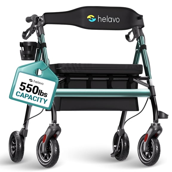 Helavo Extra Wide Bariatric Rollator Walker, 8" Rubber Tires, Heavy Duty Frame, 550 lb Capacity