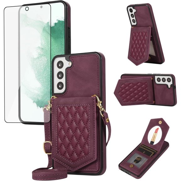 Phone Case for Samsung Galaxy S22 Plus S22 5G Wallet Cover with Tempered Glass Screen Protector Mirror Card Holder Slot Shoulder Crossbody Strap Cell S22 5G S22plus 22S S 22 22 Women Girls Red