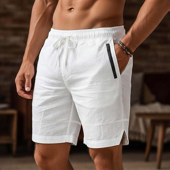 Mceream Mens Cotton Linen Drawstring Shorts Elastic Waist Drawstring Lightweight Quick Dry Shorts Breathable Beach Shorts Knee Length Trunks Outdoor Travel Casual with Pockets White L