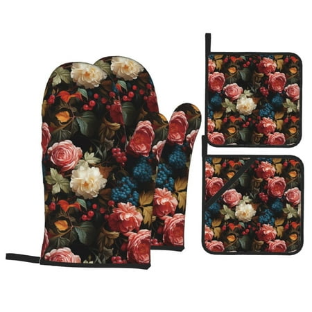 

Oven Mitts and Pot Holders Sets 4 pcs - Rose Flowers Grape Heat Resistant Silicone Oven Gloves with Non-Slip Silicone Surface and hot pads for kitchen Baking Cooking BBQ
