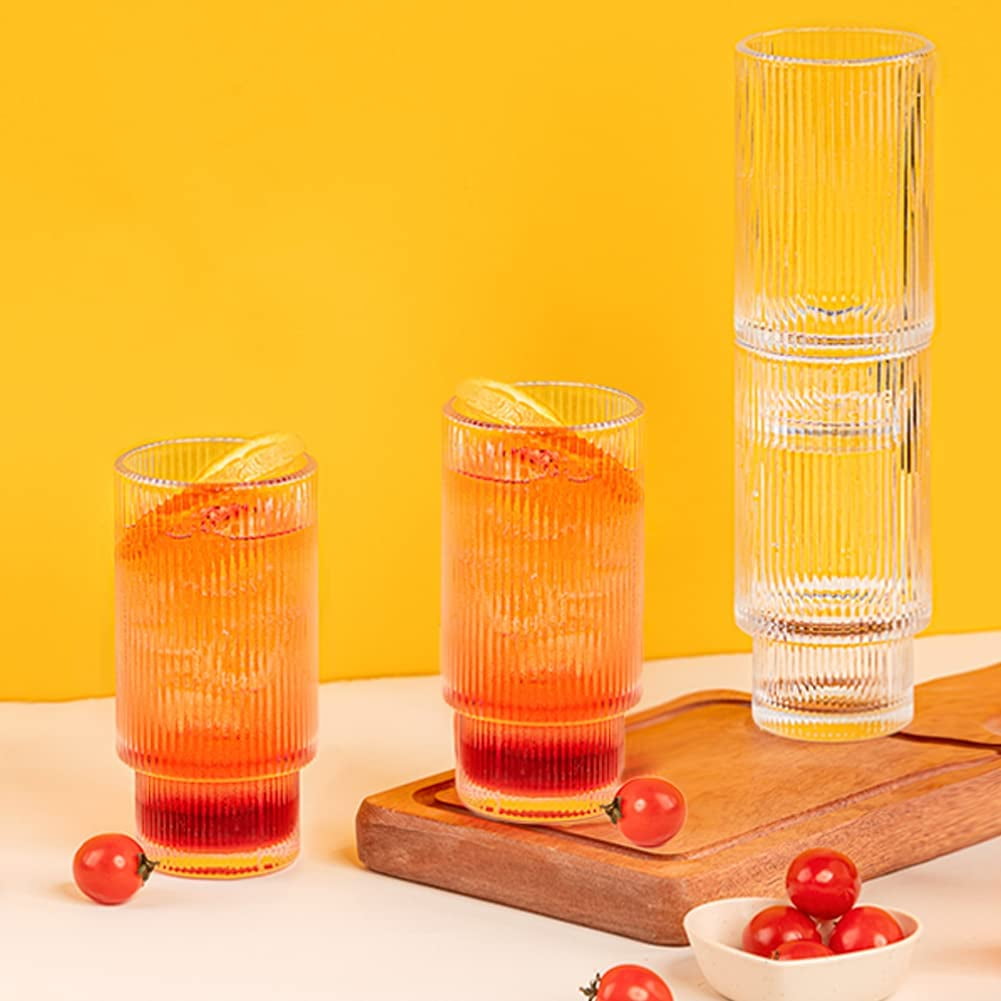  BOICHU Ribbed Glassware Set of 4, Ribbed Glass Cups with Lids  and Straws - Vintage Ribbed Drinking Glasses with Bamboo Lids, 11 OZ Cute  Fluted Glassware for Coffee, Cocktail, Smoothie, etc 
