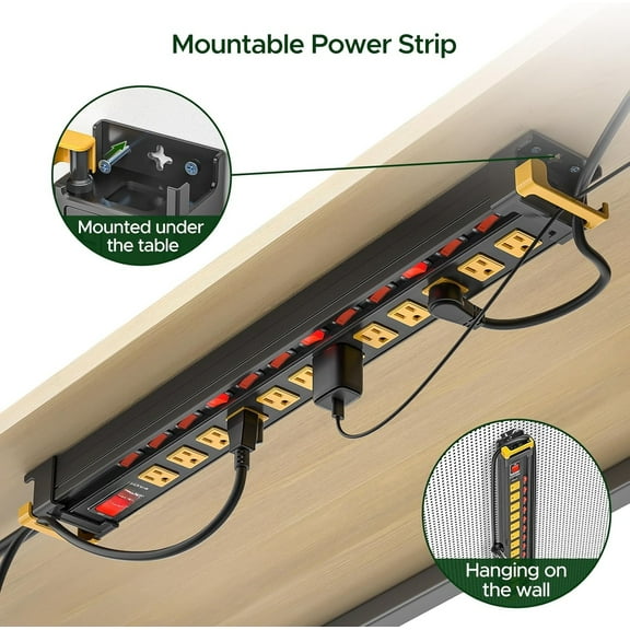 12 Outlet Metal Surge Protector Power Strip, 3300J Heavy Duty with Individual Switches, Wide Spaced Outlets, 6FT Cord, ETL Listed, 15A/1875W