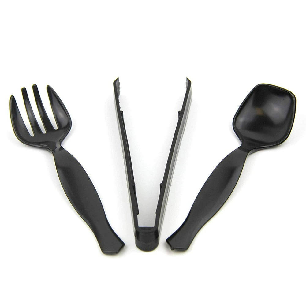 [30 Pack] 10 x 9" Spoons, 10 x 9" Forks, 10 x 9" Tongs Combo, Black