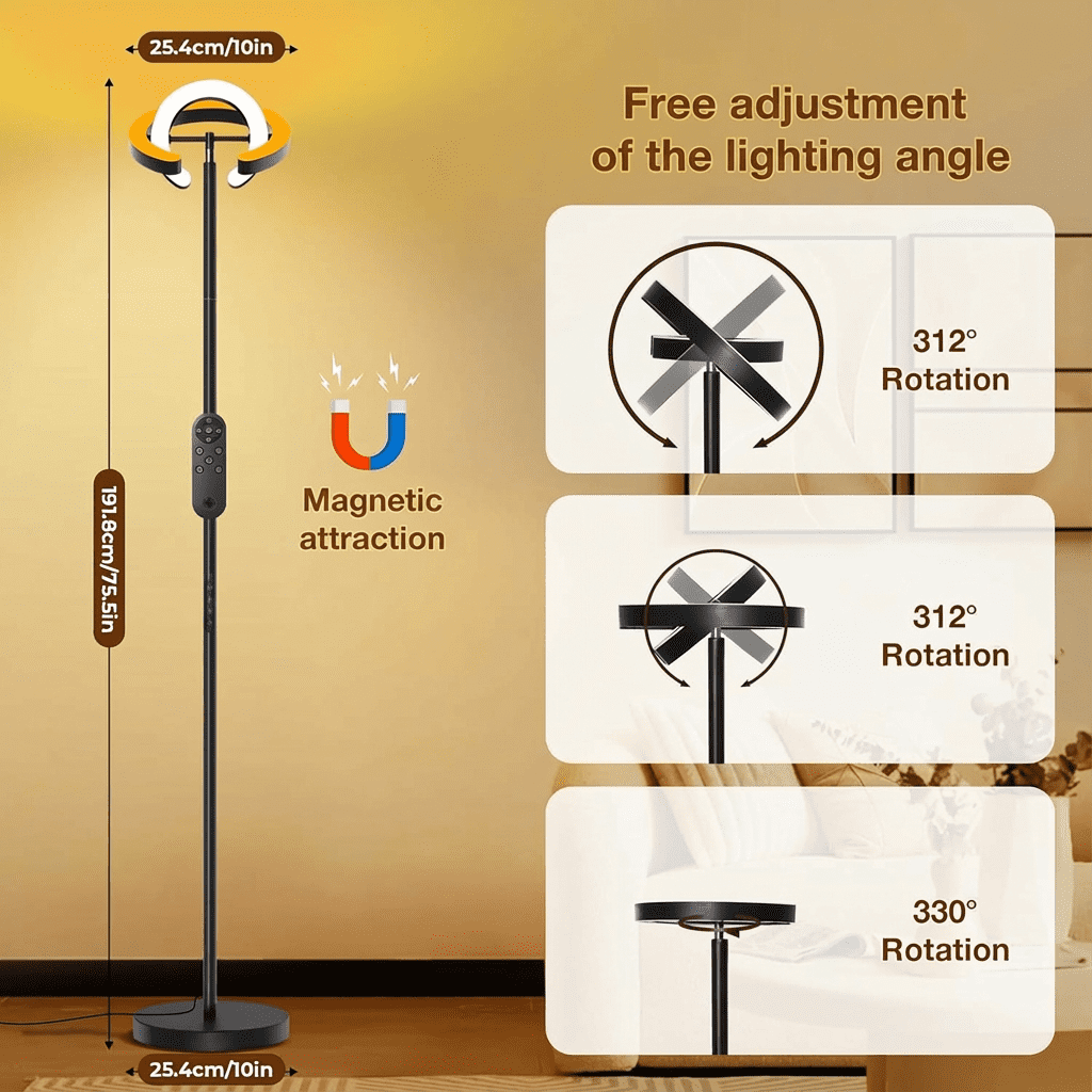 Serbasic Floor Lamp, 36W 2000LM Bright LED Floor Lamps for Living Room, 75.5" Tall Standing Lamp with Rotatable Dual C-Ring Lights, Modern Reading Lamp with Remote & Touch Control for Bedroom Office