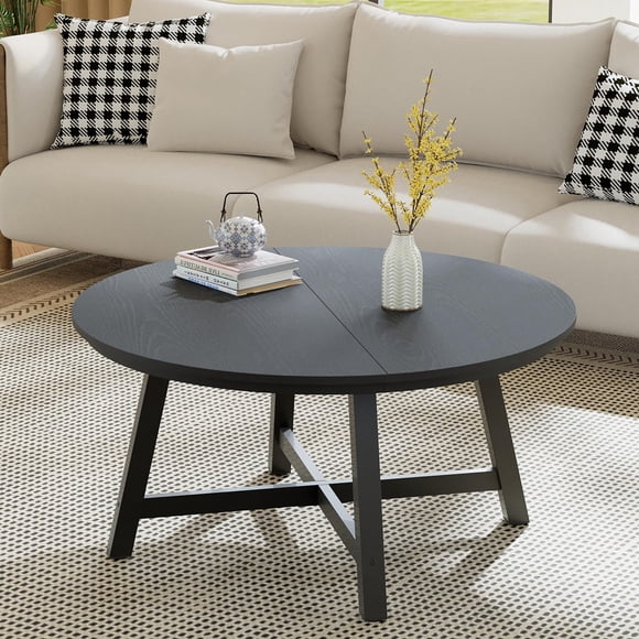 Mesa de centro redonda industrial – Acabado en veta de madera, patas metálicas gruesas, pies ajustables – Fácil de montar – Mesa auxiliar para sala de estar – 91 cm – Color gris
