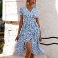 thumbnail image 4 of safuny Women's Tea Length A Line Dress Clearance Daisy Floral Print Summer V Neck Dress Bandage Empire Waist Retro Boho Short Sleeve Clothing Holiday Beach Blue M, 4 of 5