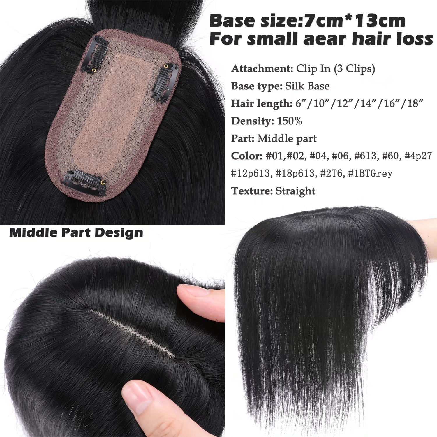 Benehair 100% Real Remy Human Hair Extensions Clip In Hairpiece Topper Toupee with Bang Fringe Women Hair Loss Silk Base Black