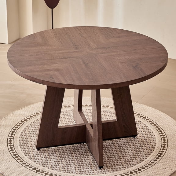 47" Round Dining Table for 4, Fanned Base, 1.38" Thick Top, Farmhouse Wood Kitchen Table for Dining Living Room Home, Walnut Color