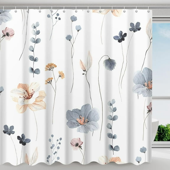 Shower Curtain Watercolor Flower Shower Curtain Sets - Spring Blue Beige Floral Plant Shower Curtains for Bathroom Washable,Fabric Modern Polyester with Hooks,84 x 72