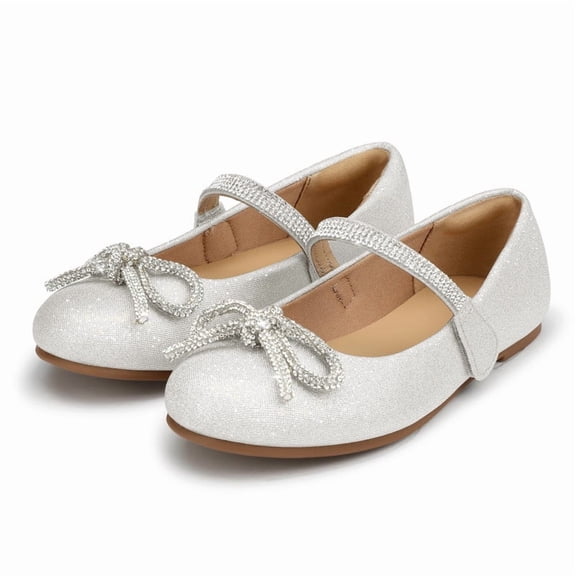 Kushyshoo Silver Girl's Bow Mary Jane Dress Shoes Ballet Princess Flats with Rhinestone Strap 13M