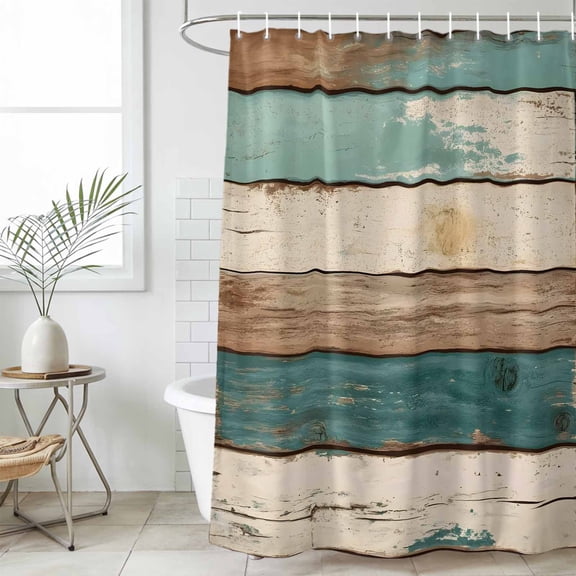 Farmhouse Teal Brown Waterproof Fabric Shower Curtain, Retro Ombre Wooden Waterproof Fabric Shower Curtain for Bathroom Curtains Bathtubs Hotel Washable Shower Curtains with 12 Hooks Small 36x78in