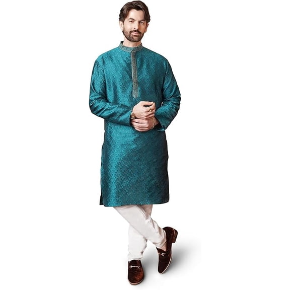 Sojanya (Since 1958) Emerald Green, Designer Kurta With Embroidery On Neck & Churidaar Pyjama, Jacquard Silk, Size 38