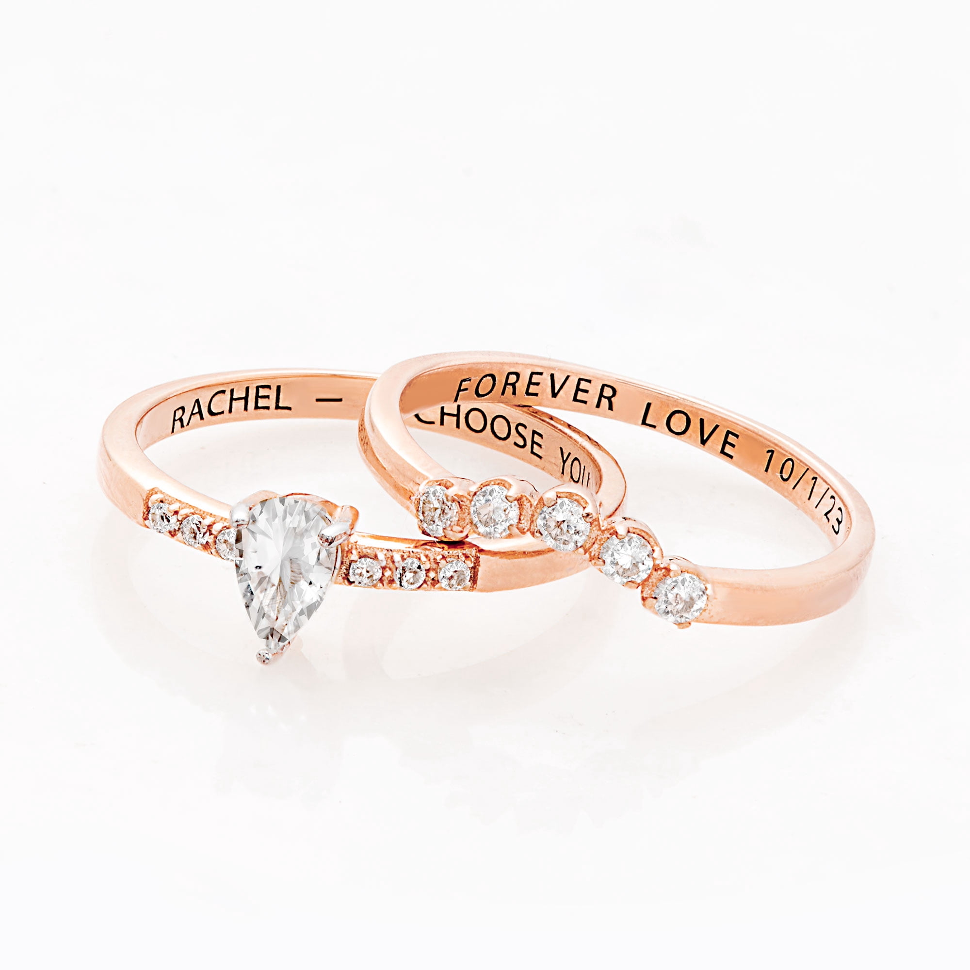 Vow & Forever Personalized Planet Bridal 14K Rose Gold over Sterling Silver Pear White Topaz 2 Piece Engraved Wedding Set ,Women's
