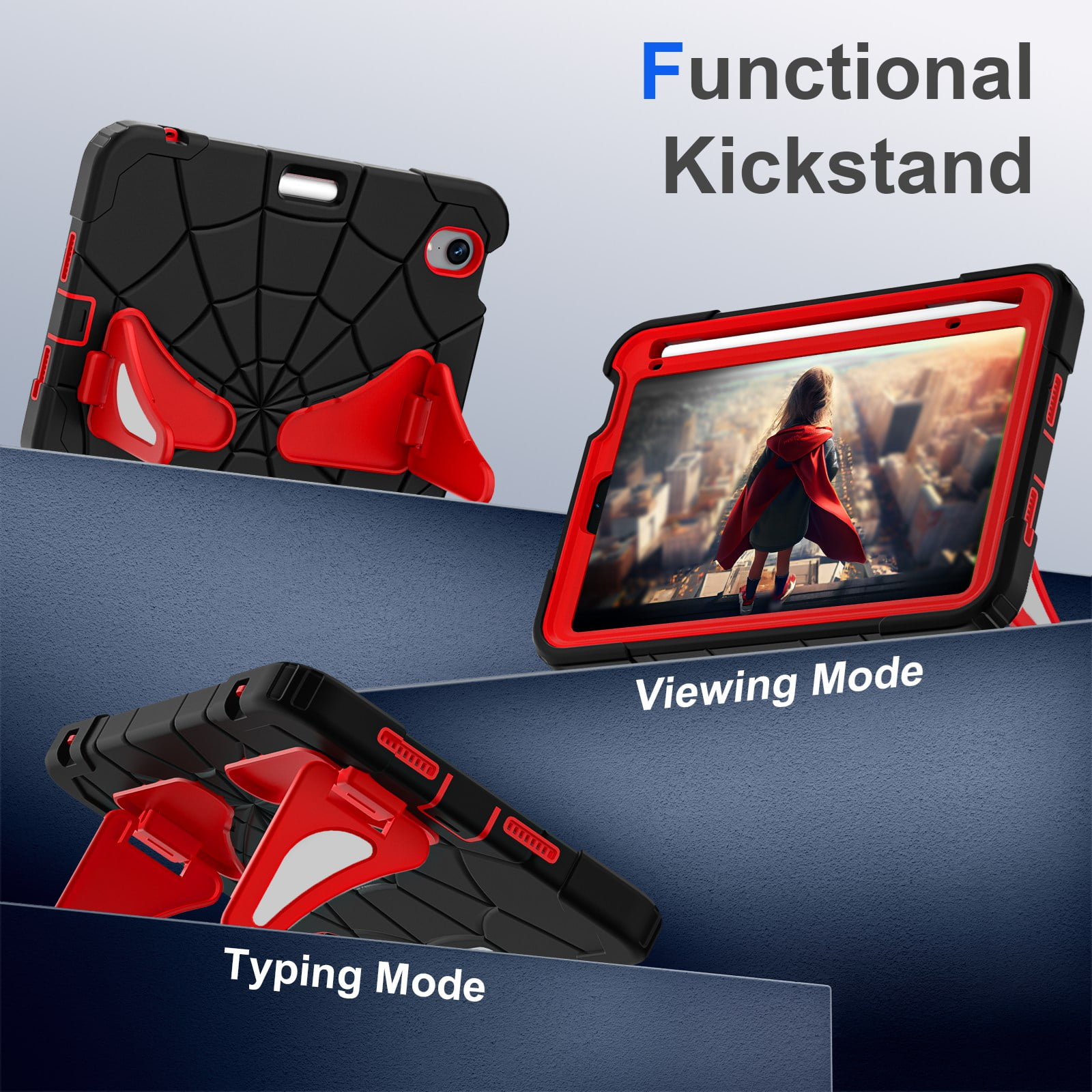 ELEHOLD Kids Friendly Case For Apple iPad mini 7th(A17 Pro) 2024/6th, Heavy Duty Shockproof Rugged Protective Case with Pencil Holder Foldable Kickstand for Boys Children Case, Black+Red