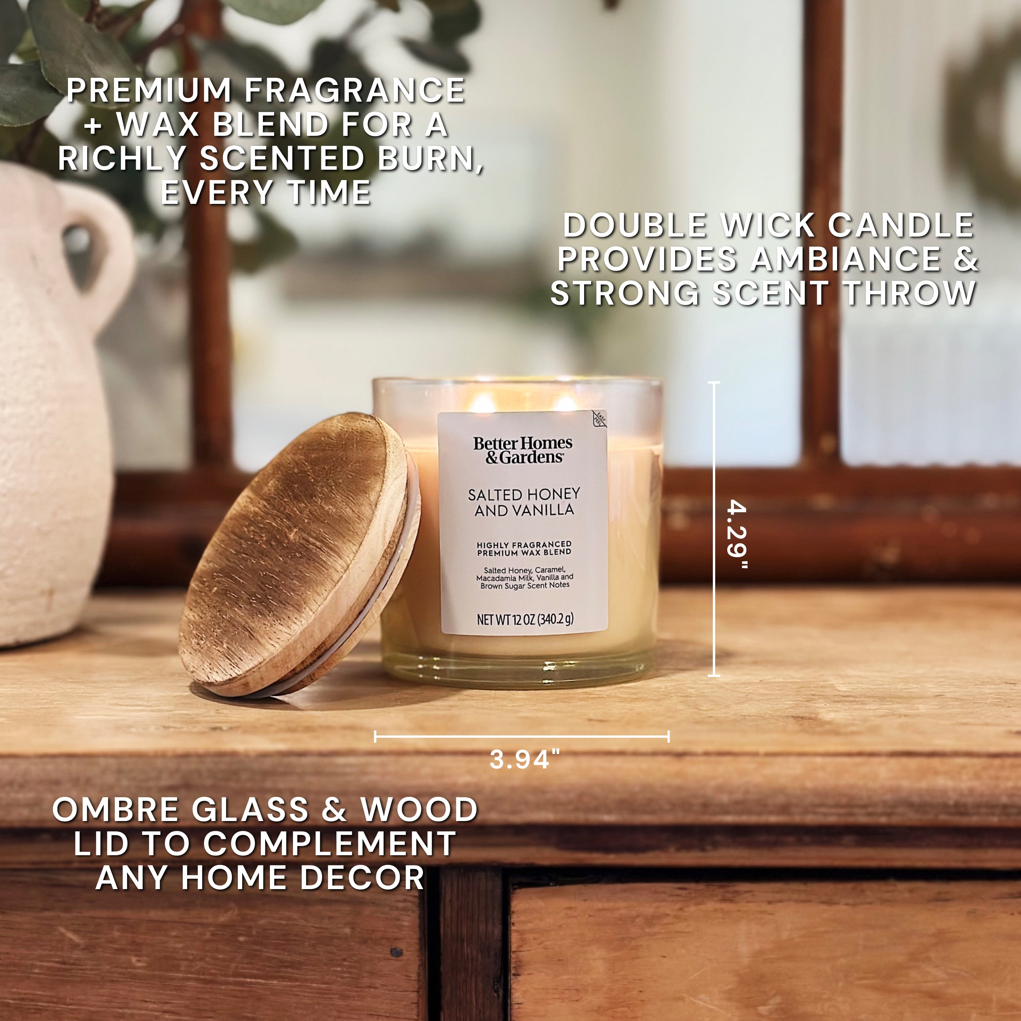 (4 pack) Better Homes and Gardens Salted Honey and Vanilla Scented 2-Wick Ombre Jar Candle 12oz.