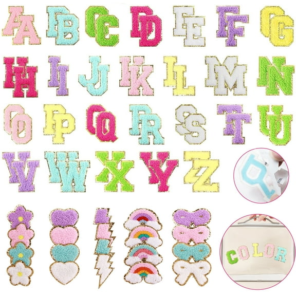Aovky 72Pcs Chenille Letter Patches, Chenille Patches Iron on Letters Self Adhesive Embroidered for DIY, Letter Lightning Heart Rainbow Flower Bowknot Stickers for Clothing, Hats, Backpacks, Bags